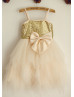  Champagne Sequin Tulle Thin Straps Knee Length Flower Girl Dress